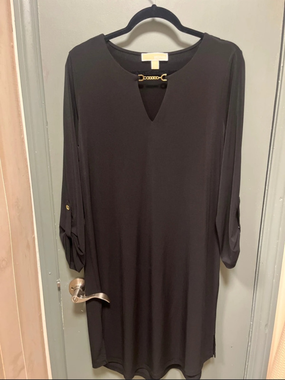MICHAEL Michael Kors Black Long-Sleeve Shift Dress with Gold Chain Detail